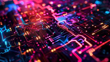 Futuristic Circuit Board with Glowing Neon Lights
. A close-up image of a high-tech circuit board with neon blue and red lights symbolizing advanced technology and computing.
