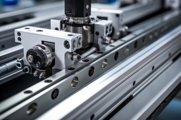 Intricate details of a linear rail captured in a macro shot within a high-tech industrial setting