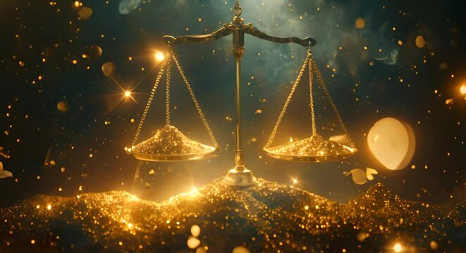 Scales of justice tipping between sweat and gold bars, cosmic