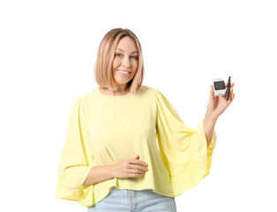 Diabetic woman with glucometer and lancet pen on white background