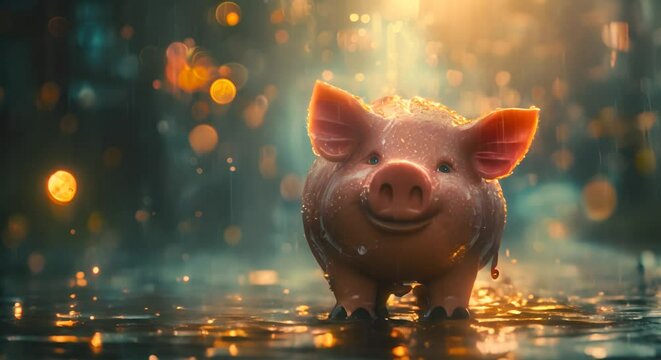 Colossal piggy bank raining coins, discount storm