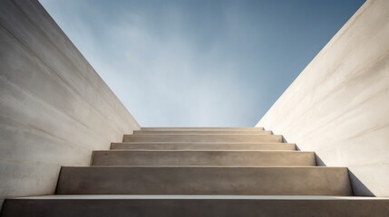 Concrete stairs leading up to blue sky with clouds, perspective view - obrazy, fototapety, plakaty