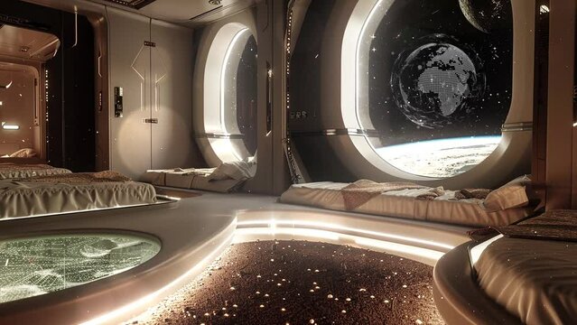 interstellar escape luxuriate in a space station suit. luxury spaceship concept. seamless looping overlay 4k virtual video animation background