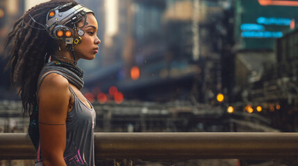 a thoughtful young attractive woman half-robot or a humanoid android with artificial intelligence parts or a technological upgrade as human evolution, mechanical body parts - obrazy, fototapety, plakaty