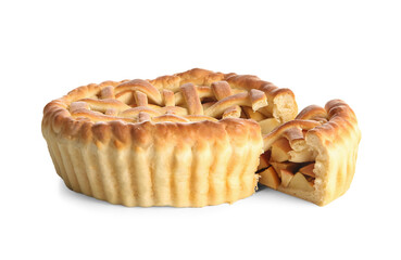 Tasty apple pie on white background