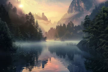 Papier Peint photo Lavable Réflexion a golden sunrise over the mountains in fog reflecting on the lake