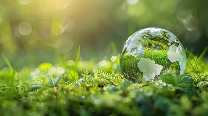 Glass globe with a green earth inside is placed on a grassy field. Concept of harmony between nature and technology, as the globe represents the earth