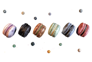 Set of Colorful cake macarons and colorful almond cookies floating png transparent background
