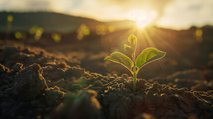 Single Seedling Sprouting in Sunlit Soil at Dawn, New Beginnings Concept - obrazy, fototapety, plakaty