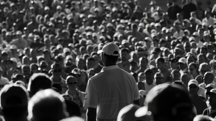The contrast of a golfers calm composure amidst the chaos of the crowded stadium. - obrazy, fototapety, plakaty