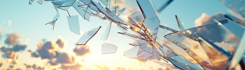 Glass ceiling break, ambition metaphor, below view, clear shards , 3D render - obrazy, fototapety, plakaty