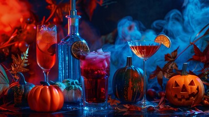 Halloween themed cocktails, vivid colors, still life composition , digital photography - obrazy, fototapety, plakaty