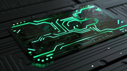 Blank mockup of a matte black license plate with a futuristic font and a digital circuit pattern in neon green.