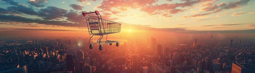 Shopping cart skyline, consumerism concept, high angle, sunrise glow , 8K resolution - obrazy, fototapety, plakaty