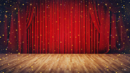 Wooden floor stage with red curtains in the background.