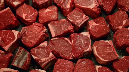 Steaks assortment, rich color, overhead butchers view , no dust