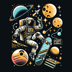 illustration of astronaut playing skateboard in space flat art vector design for tshirt, poster, banner and more © Ranadhie