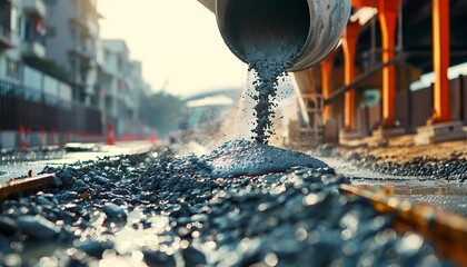 Mixer track pours wet cement for civil building foundation - obrazy, fototapety, plakaty
