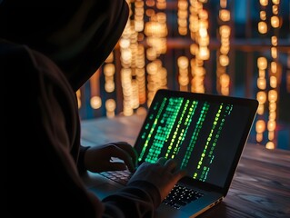 Focused Hacker Coding on Laptop in Illuminated City Nightscape