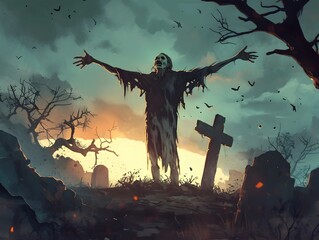 Grim Reaper Rises from the Grave Amid Eerie Gothic Landscape with Bats and Tombstones at Mysterious Moonlit Cemetery - obrazy, fototapety, plakaty