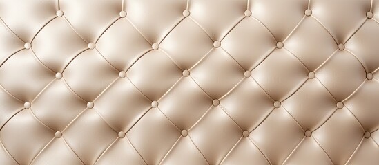 Close-up view of a stylish beige leather upholstered couch featuring intricate button details