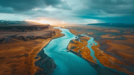 icelandic rivers, teal and orange colors, cinematic lights - obrazy, fototapety, plakaty