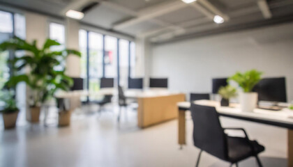 Fototapeta premium Blurred office interior space background. Blurred interior of modern office workplace a workspace design without partition decorate with black, white and wooden furniture