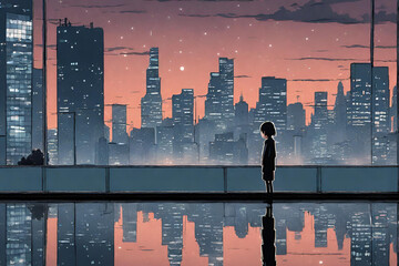 Nighttime reflections lofi manga wallpaper features a person in front of a metropolis and a sad yet lovely scene with a cityscape.