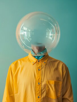 man head stuck in the giant soap bouble against pastel gradient yellow and blue background