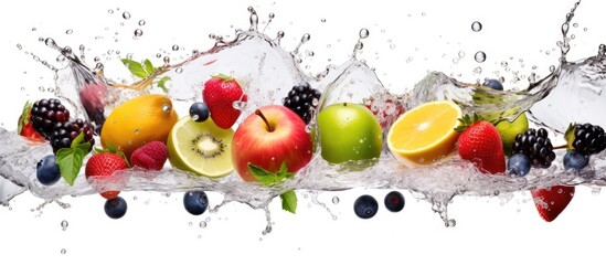 A variety of fruits and berries cascade into a babbling stream. Among them are apples, citrus, and limes, all natural foods perfect for recipes