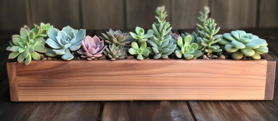 Various succulent plants are arranged in a wooden planter placed on a table, creating a natural and vibrant display