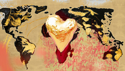 mixed media style artwork of world map with dimensional gold heart - concept of travel, missions