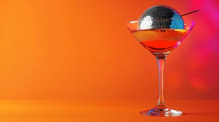 disco ball in martini glass against gradient pastel vibrant orange  background - obrazy, fototapety, plakaty