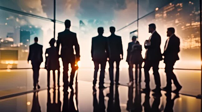 Silhouette of business people work together in office. Concept of teamwork and partnership. double exposure with light effects