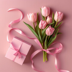 a pink giftbox with ribbon bow and bouquet of tulips