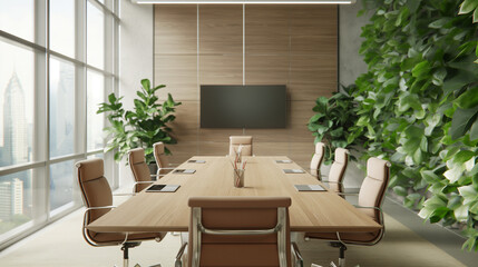 Modern and bright business meeting room with plants and urban landscape.