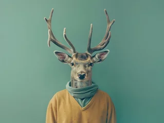Rolgordijnen Photography A human size deer in a trendy vintage hipster Winter sweatshirt Abstract, minimal portrait  © BOMB8