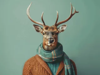 Fototapeten Photography A human size deer in a trendy vintage hipster Winter sweatshirt Abstract, minimal portrait  © BOMB8