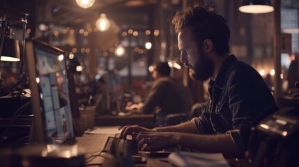 Man concentrating on his computer in a dimly lit creative office workspace at night.