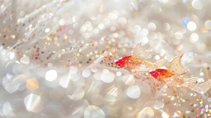 A golden decorative fish gliding through a dreamy sea of glitter and bokeh lights, evoking a magical ambiance.