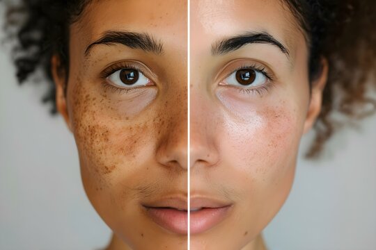 Comparison of a womans skin before and after facial treatment for melasma brown spots and open pores. Concept Facial Treatment, Melasma Brown Spots, Open Pores, Skincare Comparison, Before and After