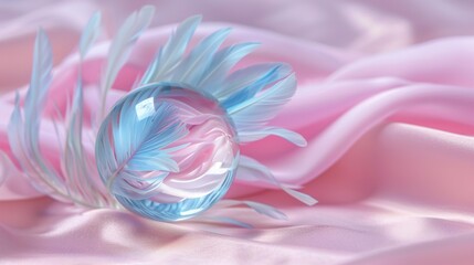 A delicate glass sphere with feather-like patterns rests on a soft pink fabric, creating an artistic still life.