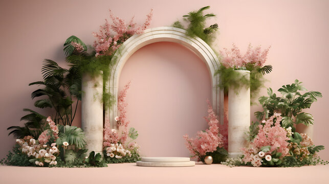 Flowers surround the main image of e-commerce product display platform booth base horizontal web page background