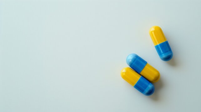 Minimalist image of blue and yellow medical capsules on a clean white background.