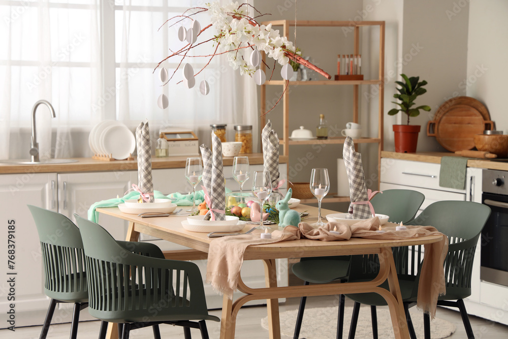 Sticker beautiful table setting for easter celebration in kitchen