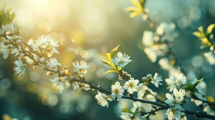 Obraz na płótnie Canvas Backlit white flowers in bloom, basking in golden hour sunlight, highlighting the beauty of spring.