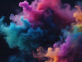 Prismatic bursts of colorful smoke swirl in an abstract background, creating a dazzling display of light and color.