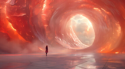 Journey to Ethereal Tunnel, Abstract Digital Art, Dreamlike Landscape, Cloud of Imagination, Conceptual Art of Mind Opening Surreal Psychology, Depth of Dream, Mind, Imagery, and Spiritual Mysticism. - obrazy, fototapety, plakaty