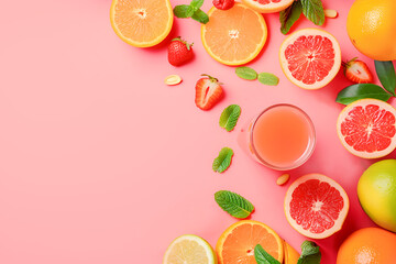 Top view of juice glass with citrus on pastel pink background