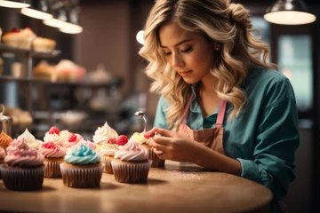 Gordijnen female baker decorating delicious cupcakes in bakery © free
